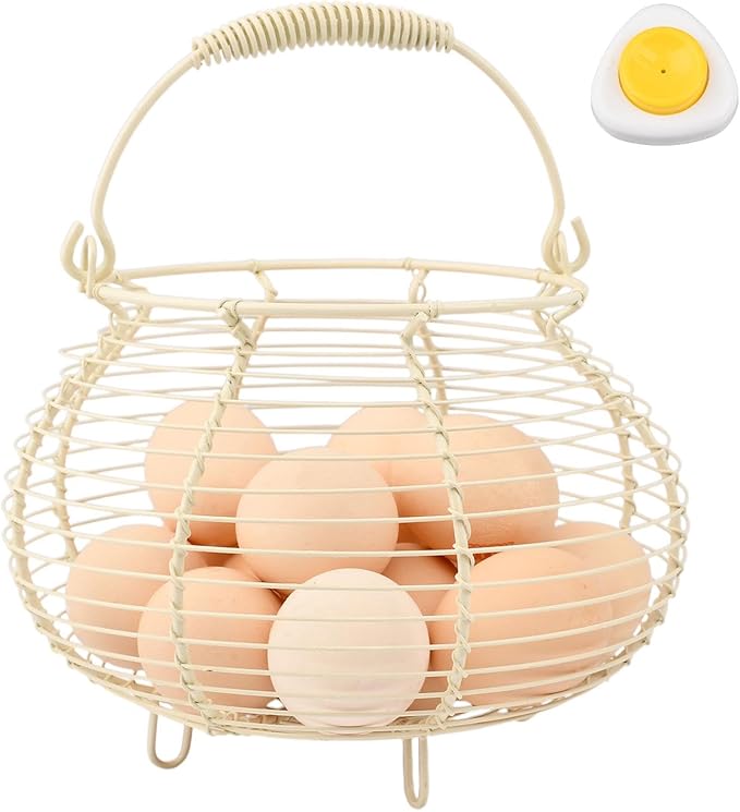 Wire Egg Basket for Gathering Fresh Eggs Holder,Retro Handle Egg Gathering Basket,Metal Eggss Holder-Countertop,Farmhouse-Eggs-Storage Container for Kitchen Easter Decor(White)