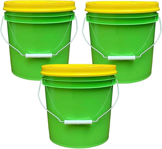 House Naturals 2 Gallon Food Grade - BPA Free Made in USA Buckets Lime Color pails with Screw On Gasket Lids (3, Lime - Yellow lids)
