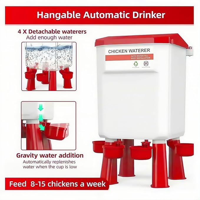 Automatic Chicken Feeder and Waterer Set(4 Buckets/2-3 gallons), 18 Pounds No Waste, Rain Proof Poultry Feeder, Avoid Small Animals, Suitable for Chicken, Duck, Turkey(Red Color)