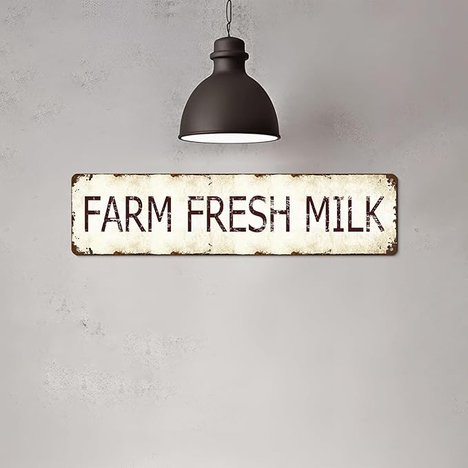 Vintage Farm Fresh Milk Tin Sign - Retro Milk Bottle and Cow Metal Wall Art 4x16 Inch, Rustic Tin Plaque for Kitchen, Cafe, Bar - Durable Dairy Decor for Restaurant, Farmhouse, Man Cave Gift