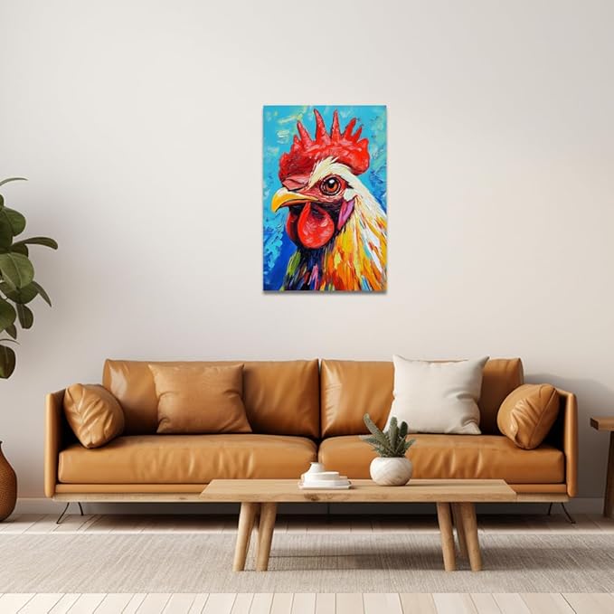 ZQQART Rooster Canvas Wall Art Funny Chicken Portrait Picture Prints Rustic Animal Painting Artwork Farmhouse Kitchen Decor Framed(Red,24.00" x 36.00")