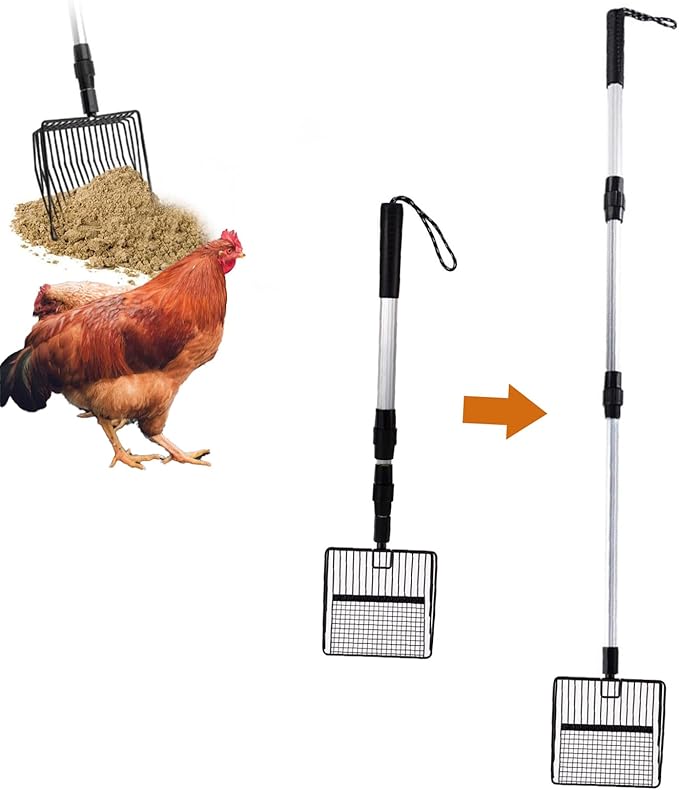 MOTUZP Chicken Poop Scooper Chicken Coop Rake Large Metal Chicken Coop Cleaning Tools 3-in-1 Stretchable Chicken Poop Scooper (22 to 42 in) for Chicken Coop Cleaning Supplies (Black)