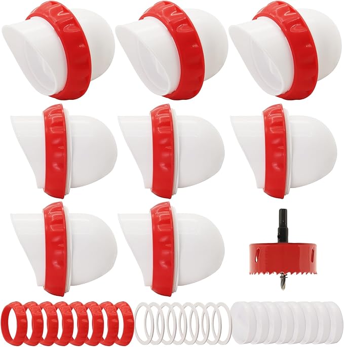 Chicken Feeders No Waste, DIY Automatic Poultry Feeder 8 Ports 1 Hole Saw with Covers Gravity Feed Kit for Buckets Barrels Bins Troughs（Red and White）