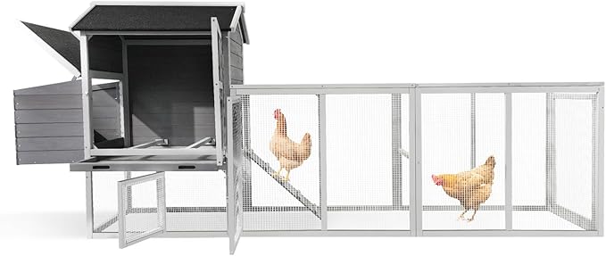 Large Wooden Chicken Coop Outdoor Hen House with Nesting Box，Walk-in Poultry Cage with Secure Locks, Metal Mesh Run for Backyard Farm Use (Gray 114.26")