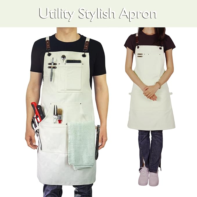 10 Pack Kitchen Aprons, Work Apron, Canvas, Multiple Pockets, Gardening, Painting, BBQ, Artist, Carpenter, Sizes M to XXL, White