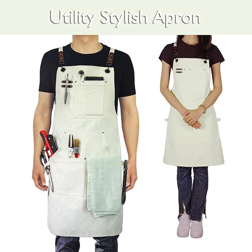 10 Pack Kitchen Aprons, Work Apron, Canvas, Multiple Pockets, Gardening, Painting, BBQ, Artist, Carpenter, Sizes M to XXL, White