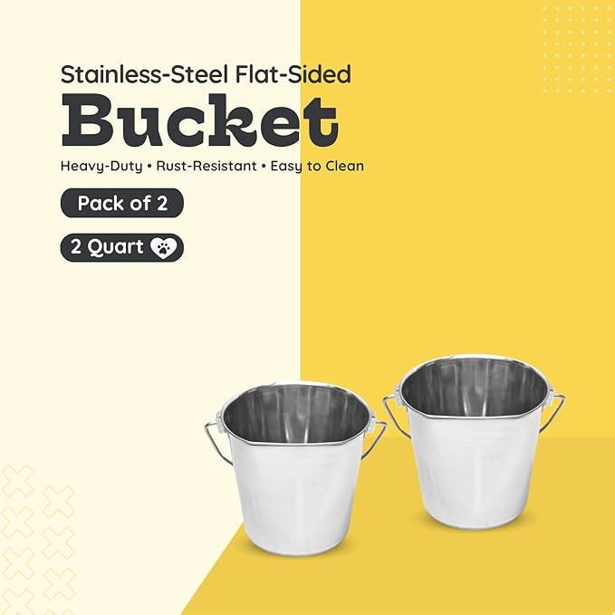 Flat Sided Stainless Steel Bucket 2 Quart Hanging Feeding Pail for Small Dogs Cats Birds, Fits Kennel Cages Compatible, Heavy Duty Food and Water Feeder, 0.5 Gallon Silver Buckets 2 Packs