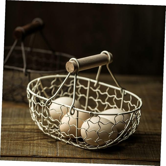 Vintage Rustic Metal Mesh Fruit and Egg Storage Basket Set with Wooden Handles, 2pcs Gray Black and Cream White Farmhouse Style Kitchen Organizer for Countertop and Tabletop Use