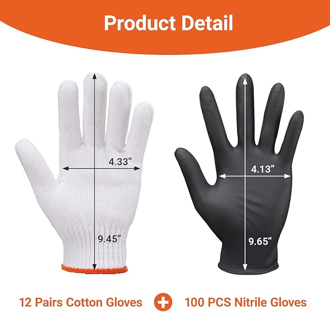 100 PCS Disposable Black Nitrile BBQ Gloves Large - 5 Mil for Cooking, Serving, Butcher, Grilling Cooking Accessories Power Latex Free, with 12 Pairs Cotton Glove Liners Men & Women
