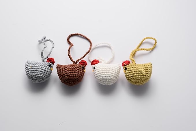 Handmade Crochet Chicken Keychain Set of 4 – Chicken Christmas Ornaments, Funny Stuffed Animal Bag Charm, Car Mirror Ornament, Cute Farmhouse Decor, Gift for Chicken Lovers, Valentine Gifts
