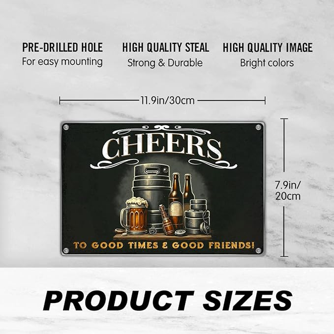 Bar Wall Sign Cheers To Good Times And Friends Vintage Metal For Home Pub Man Cave Beer Decor 12 x 8 Inch Indoor Aluminum Kitchen Art Outdoor