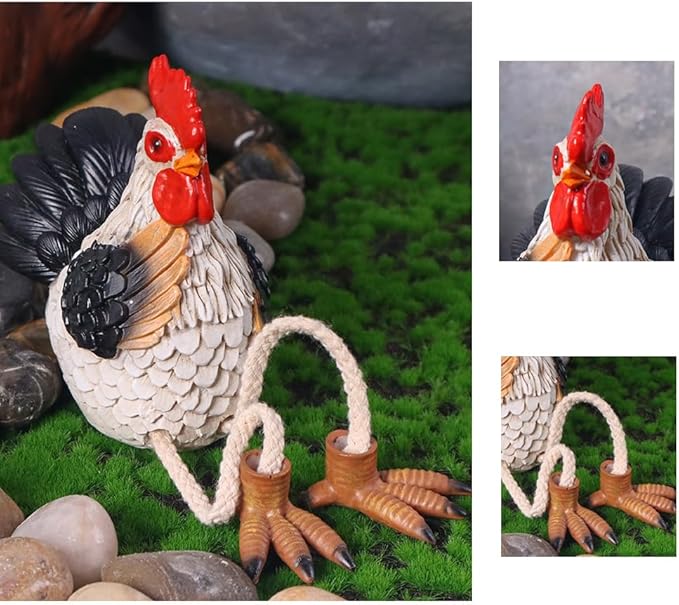 Funny Shelf Sitting Chicken Figurines – Farmhouse Rooster & Hen Statues with Dangling Legs – Rustic Tabletop Home Decor, Kitchen, Garden Ornaments (Set of 2)