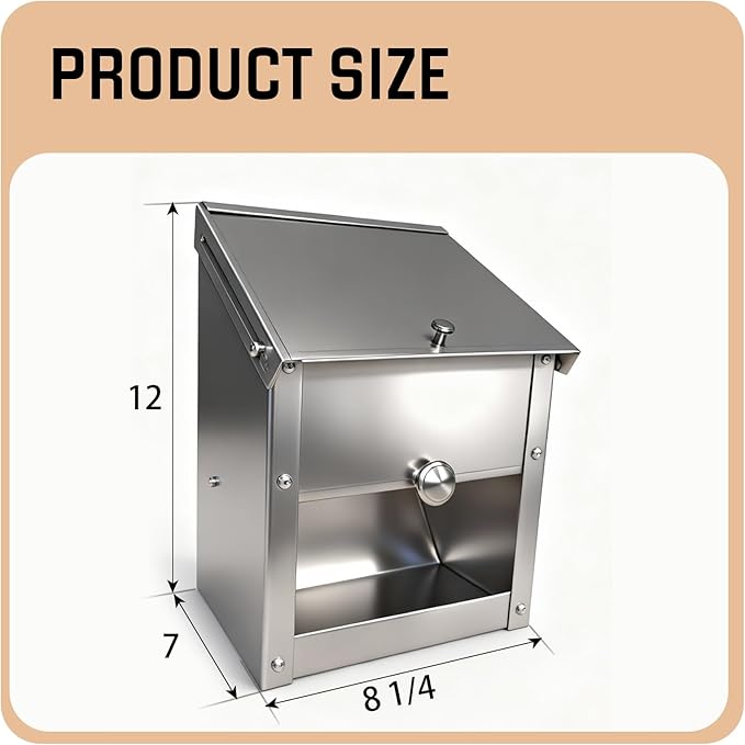 Stainless Steel Chicken Feeder 8Lbs - Manual Feed Quantity Control & Wall Mount Gravity Poultry Feeder with Push-Pull Lid for Chickens Ducks Geese Small Animals Indoor and Outdoor