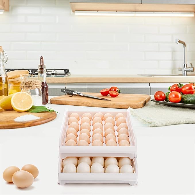 DEAYOU 60 Egg Drawer for Refrigerator, 2-Layer Stackable Egg Holder Storage Container for Countertop, Large Capacity Plastic Fresh Egg Tray Dispenser Organizer Keeper with Handle for Kitchen