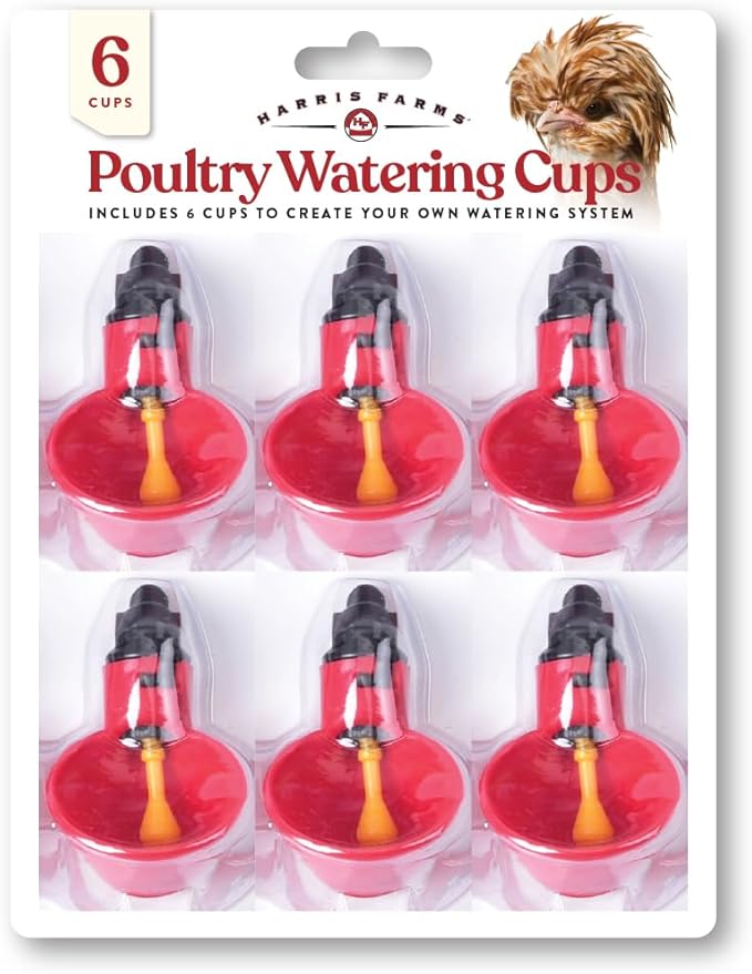 Harris Farms Chicken Water Cups, Gravity-Fed Poultry Drinkers for Up to 12 Chickens, Automatic Hydration for Hens, Easy-Install, Durable Farm Supply for Healthy Flocks and Clean Hydration, 6 Cups
