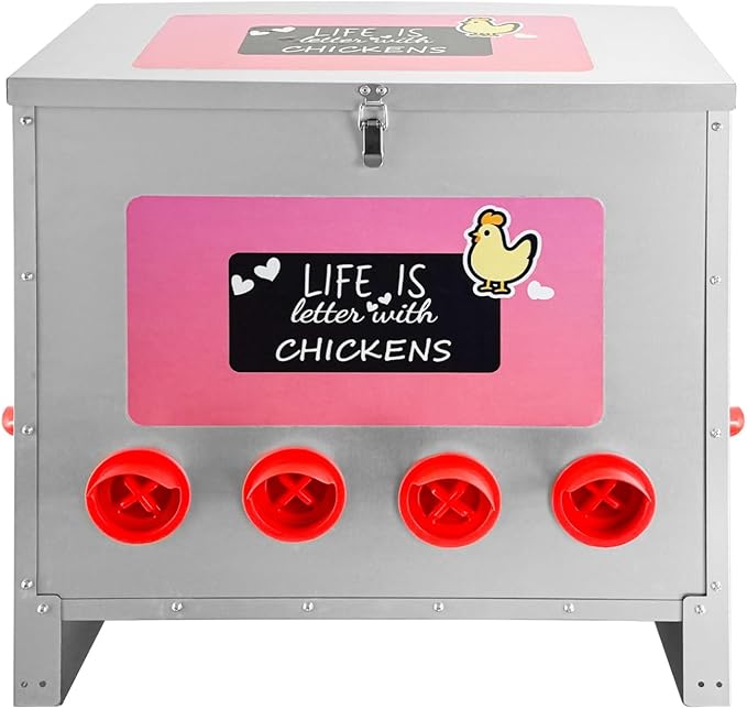 85-120LB Automatic Chicken Feeder with 10 Ports No Waste Galvanized Metal Poultry Feeder Outdoor Chicken Feeder Box with Handle and Locking Lid for Chickens Ducks Geese Silver