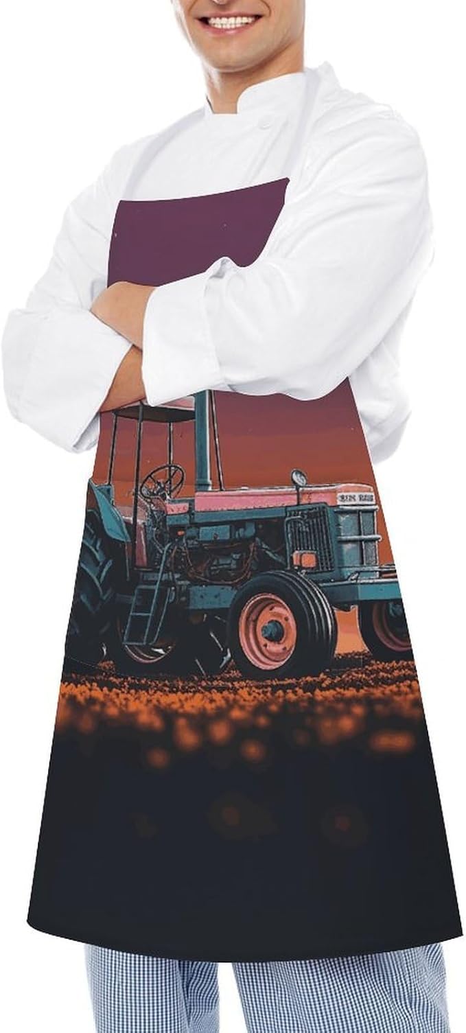 Waterproof Aesthetic Tractor Bib Apron with 2 Pockets Adjustable 25" Neck Strap & Waist Ties Kitchen Chef Aprons for Cooking Baking Grilling Gardening BBQ for Women Men