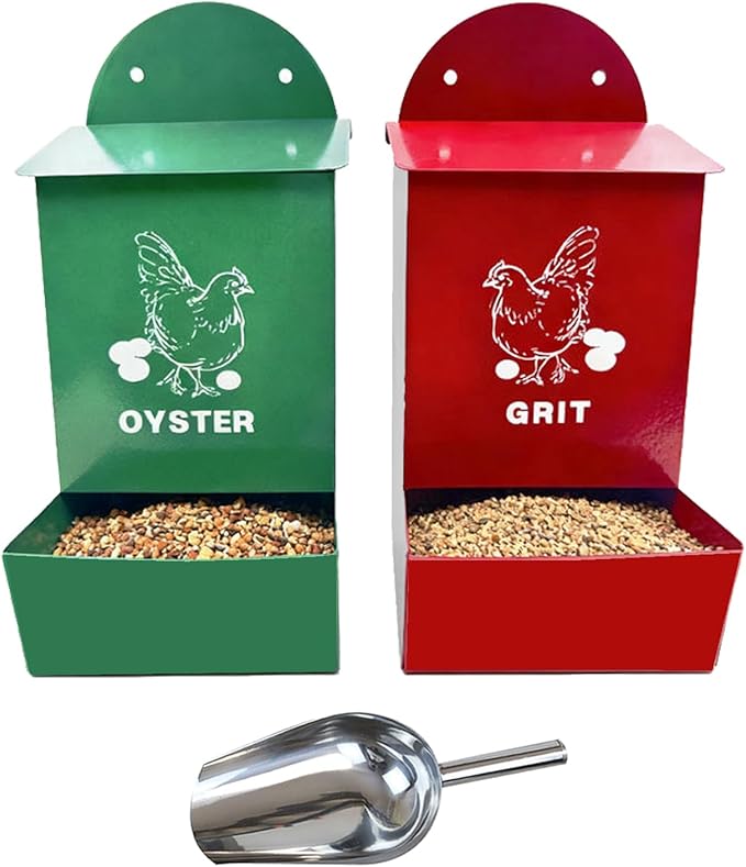 2 Pack Chicken Feeder,Large Capacity Oyster Shell Feeder with Lid,Metal Chicken Grit and Oyster Shell Feeder with 1 Scoop,Heavy-Duty Chicken Coop Accessories Rust Proof