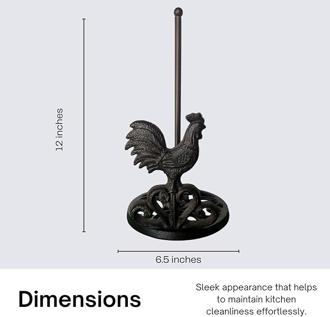 Rustic Elegance Cast Iron Rooster Paper Towel Holder - Freestanding 12" Kitchen Countertop Accessory with Farmhouse Charm - Black Country Style Decor