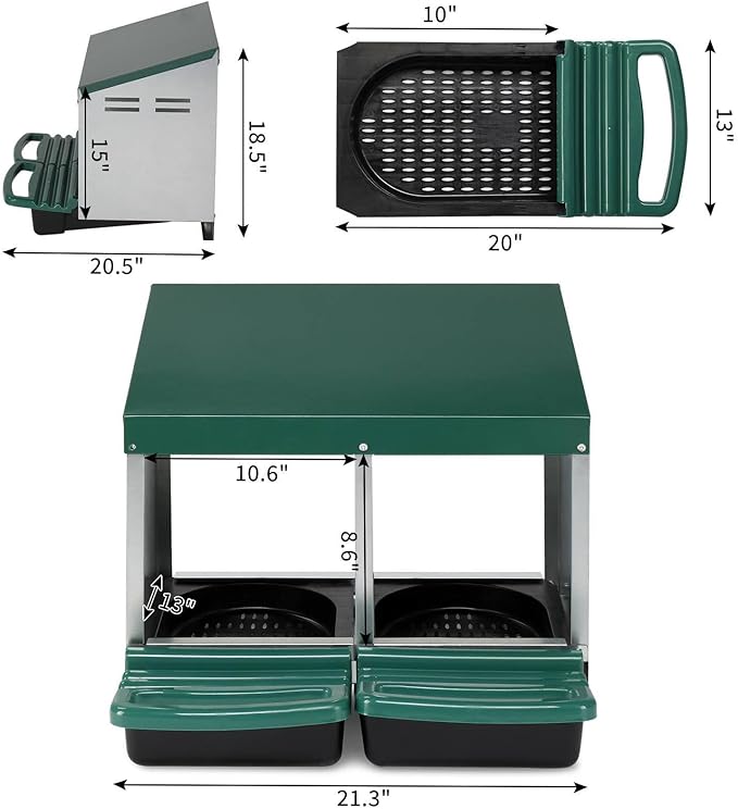 Chicken Nesting Boxes, 2 Compartment Roll Out Brooder Boxes for Poultry, Heavy Hens Roosting Box with Pull Out Egg Collection Tray and Protection, Ventilated Bottom, Chicken Coop (Green)