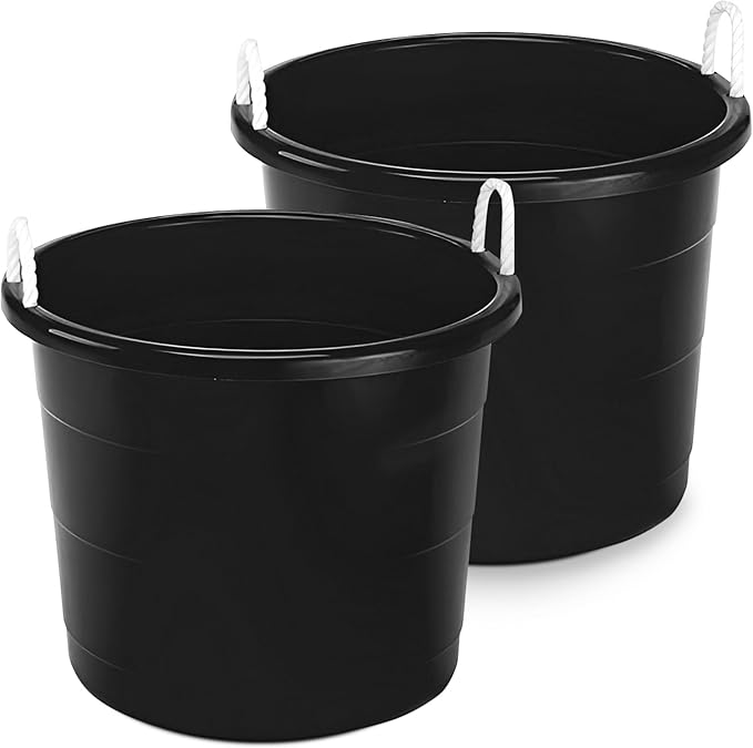 HOMZ 2-Pack Utility Tub, Large Plastic Storage Bucket with Rope Handles, 18 Gallon, Black - Portable Indoor and Outdoor Buckets for Kitchen, Laundry, Garden, Bathroom, and Garage Organization