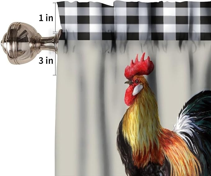 Rooster Kitchen Curtains Watercolor Vintage Rustic Farm Chicken Black White Buffalo Plaid Rod Pocket Curtain Valance for Kitchen Bedroom Living Room Decor 1 Panel W54xL18 Inch