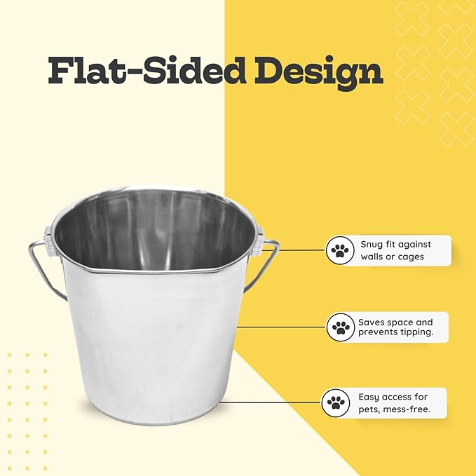Flat Sided Stainless Steel Bucket 1 Quart Hanging Feeding Pail for Small Dogs Cats Birds, Fits Kennel Cages Compatible, Heavy Duty Food and Water Feeder, 0.25 Gallon Silver Buckets 2 Pack
