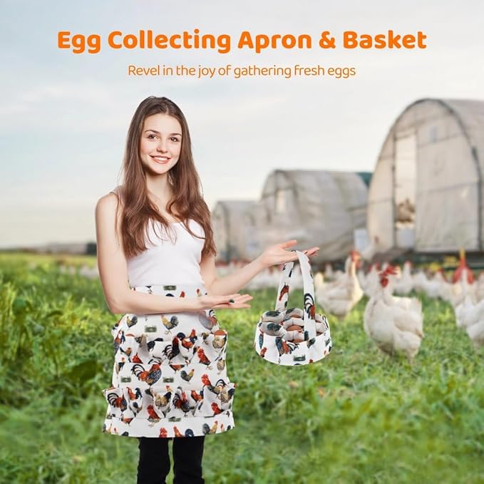 Egg Collecting Apron & Basket, Canvas Set With 12-Pocket Apron And 7-Pocket Basket, Perfect For Collecting Eggs From Chickens, Ducks, Geese