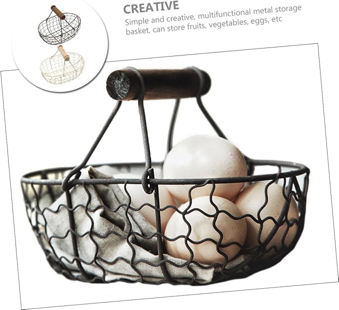 2pcs Vintage Metal Mesh Storage Baskets with Wooden Handles, Multi-function Fruit and Egg Organizer for Kitchen Counter and Harvesting, Farmhouse Style Wire Basket Set