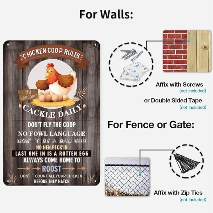 YOYI ART Funny Chicken Coop Rules Sign - Rustic Vintage Metal Chicken Signs, Chicken Coop Decor Sign for Outdoor Farmhouse, Chicken Decor Outdoor for Farm Fence, Chicken Gifts for Women, 8 x 12 inch