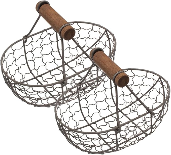 Alipis 2pcs Vintage Style Iron Wire Fruit Basket with Wooden Handle, Multi-function Kitchen Storage Organizer for Bread and Eggs, Decorative Metal Wire Basket for Home Countertop