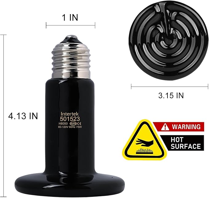 2 Pack 75W Black Ceramic Heat Emitter, Reptile Infrared Heat Lamp Bulb, No Light Emitted, Pet Brooder Coop Heater for Amphibians and Reptiles, Lizard, Turtle, Aquarium, Snake