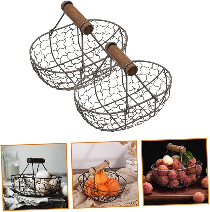 2pcs Vintage Rustic Iron Fruit Basket with Wooden Handles, Gray-black Metal Storage Basket for Kitchen, Egg Collecting and Snack Organization, Farmhouse Style Household Container
