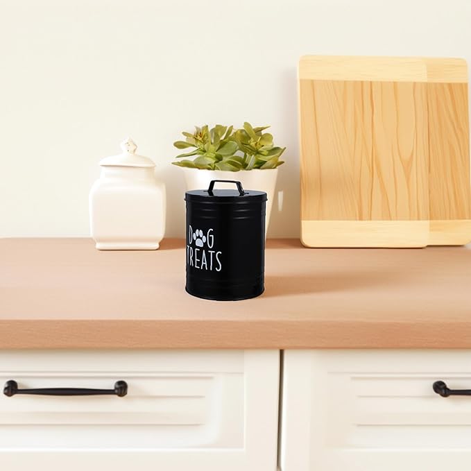 Dog Food Storage Container with Airtight Metal Lid, Rustic Pet Treat Holder Bin for Kitchen Counter, Black Sealed Grain Canister for Puppy Food