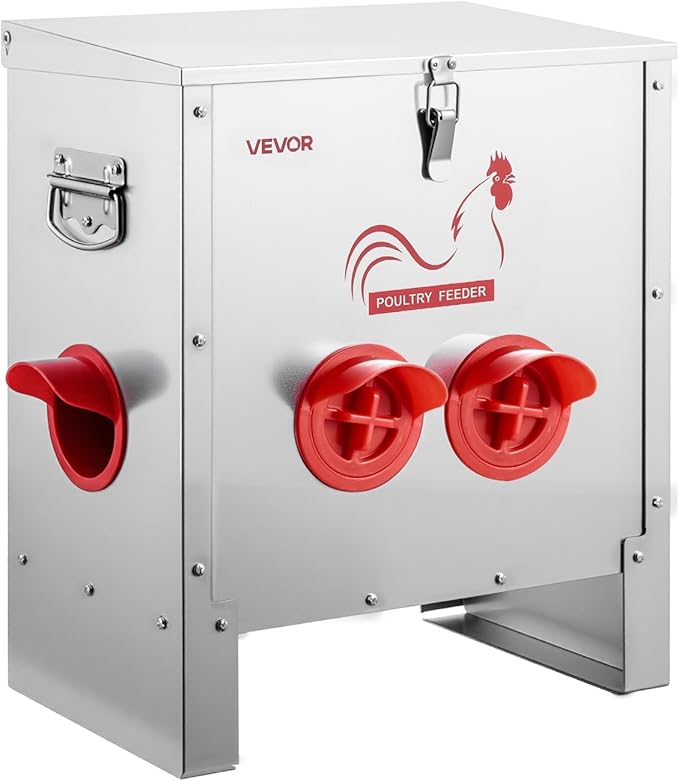VEVOR Automatic Chicken Feeder, 25 lbs Capacity, 6 Feeding Ports No-Waste Poultry Feeder, Automatic Gravity, with Handle Latch Lid, Metal Construction, for Chickens Bantams Pheasants Poultry Coop