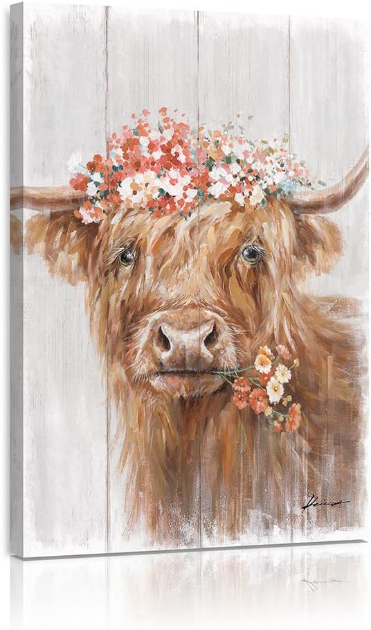 Highland Cow Canvas Farmhouse Decor: Funny Cow Wall Art with Flowers Staring at You Rustic Farm Wood Planks Unique Cattle Posters for Bathroom Framed Size 16"x24"