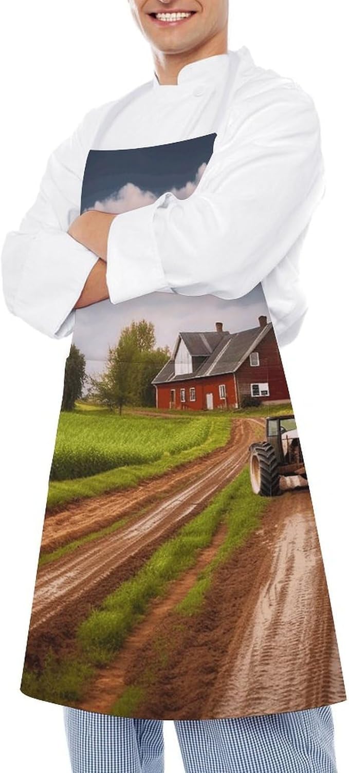 Country Road with Farm And Tractor Chef Apron for Men Women with 2 Pockets Water & Oil Resistant Bib Aprons Adjustable Neck Strap & Long Ties Work Apron for Cooking Grilling Serving Crafts Gardening