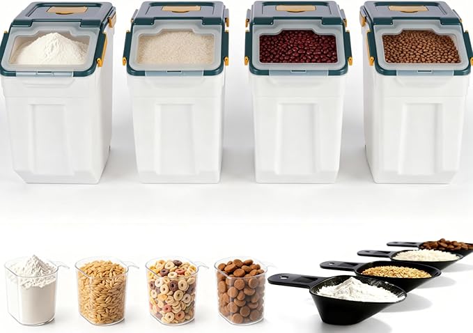 RUIAN Large Airtight Storage Container,25lb Flour Rice Storage Containers Bin with Wheels Seal Locking Lid, with Measuring Cup&Scoop for Flour, Rice, Grain(4PCS,Blue)