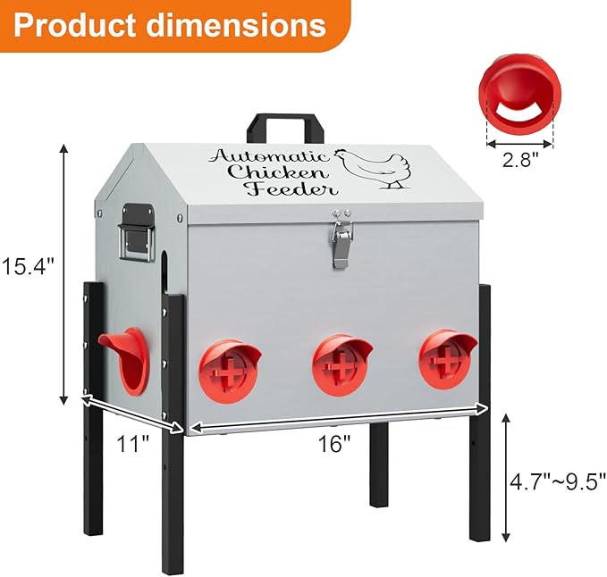 50LB Automatic Chicken Feeder, Metal Chicken Feeder with Window, No-Waste Poultry Feeder with 8 Feeding Ports, Adjustable Height, Locking Lid & Weatherproof Design for Outdoor Coop