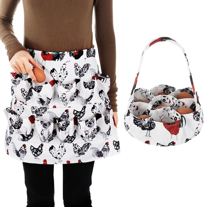 Apron For Egg Collecting Plus Basket Set, Housewife Farmhouse Kitchen Workwear, Long-Lasting Canvas Egg Gathering Carriers, Apron With Twelve Pockets And Basket With Seven Pockets