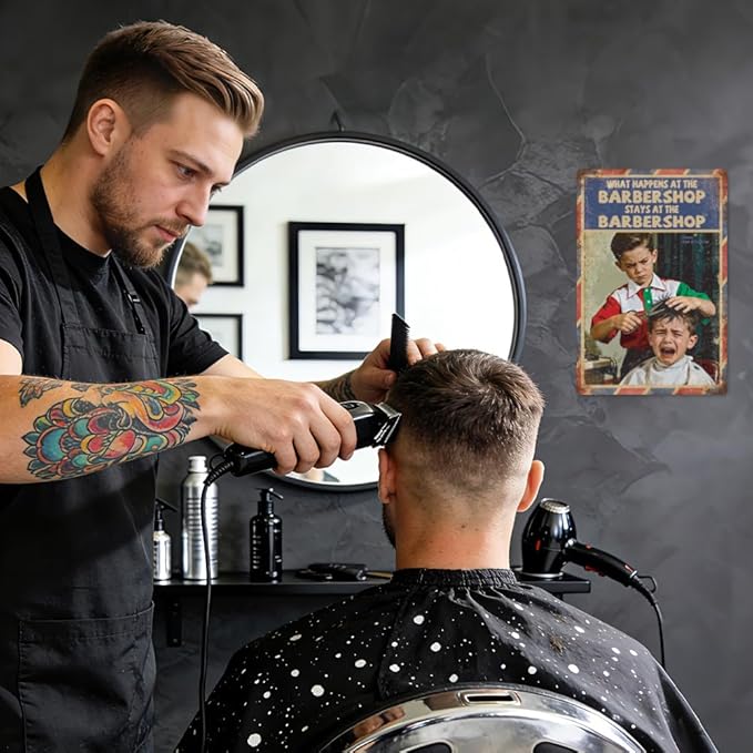 WADORN Funny Barbershop Tin Sign, 8x12 Inch What Happens At The Barbershop Retro Tin Sign Friends Vintage Barber Shop Metal Wall Art Decor Plaque for Home Barber Haircut House Salons