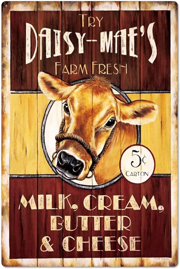 Vintage Old Iron Plaque | Farm Fresh Milk Cream Butter Iron Artwork Tinplate Wall Decoration | Retro Nostalgic Tin Metal Signs Wall Art of Farm/Kitchen/Supermarket