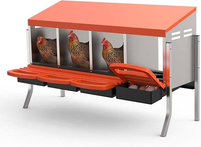 Chicken Nesting Box 4 Hole, Galvanized Steel Nest with Roll Away Egg Collection & Swing Perch, Easy-Clean Laying Box for Hens, Heavy Duty Design for Chicken Coop