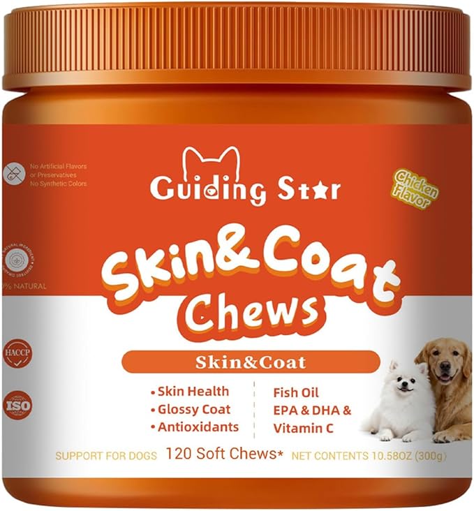 Dog Skin and Coat Supplement, Omega 3 Fish Oil with EPA & DHA, Supports Healthy Skin, Shiny Coat & Reduces Excessive Shedding for All Ages & Breeds Tasty Chicken Flavor