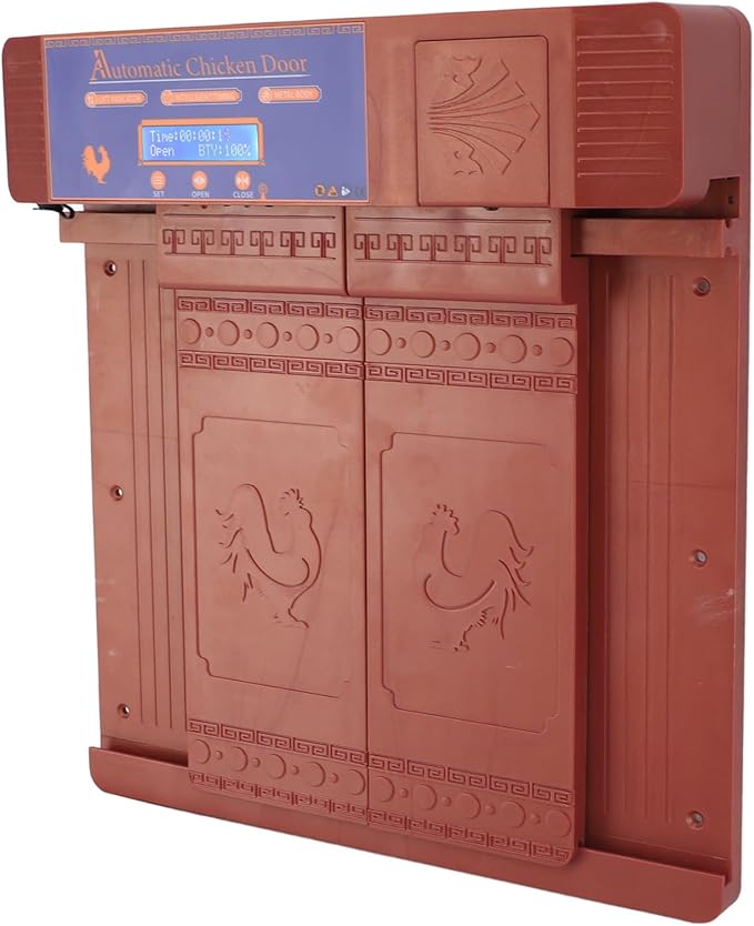 CHICIRIS Automatic Chicken Coop Door Opener, Intelligent Double Open with Timer LED Display Solar Powered, with Anti Pinch Function and Low Battery Alert, for Chickens Ducks Geese (Bronze)