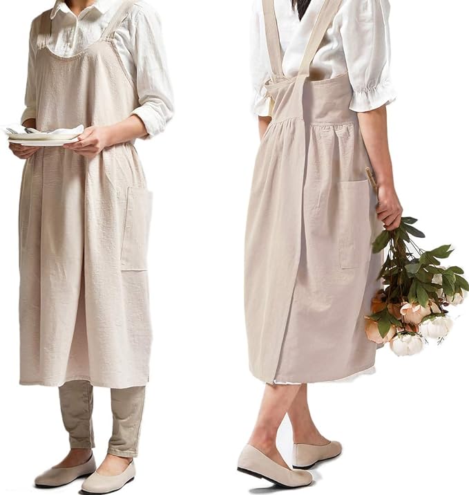 NEWGEM Cotton Linen Cross Back Apron for Women with Pockets for Cooking Painting Beige without Waist Ties