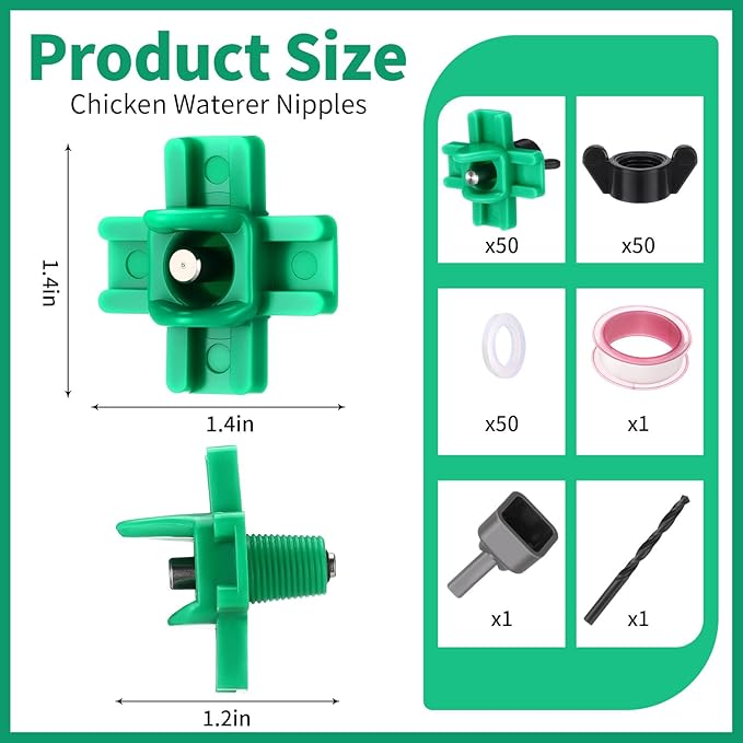 LemonRoad 50 Pack Horizontal Chicken Nipples Horizontal Poultry Automatic Waterer Nipples Chicken Water Feeder with 50 Pcs Ring Gaskets, 50 Pcs Wing Nuts and Drill Bit for Bucket Ducks Quail (Green)