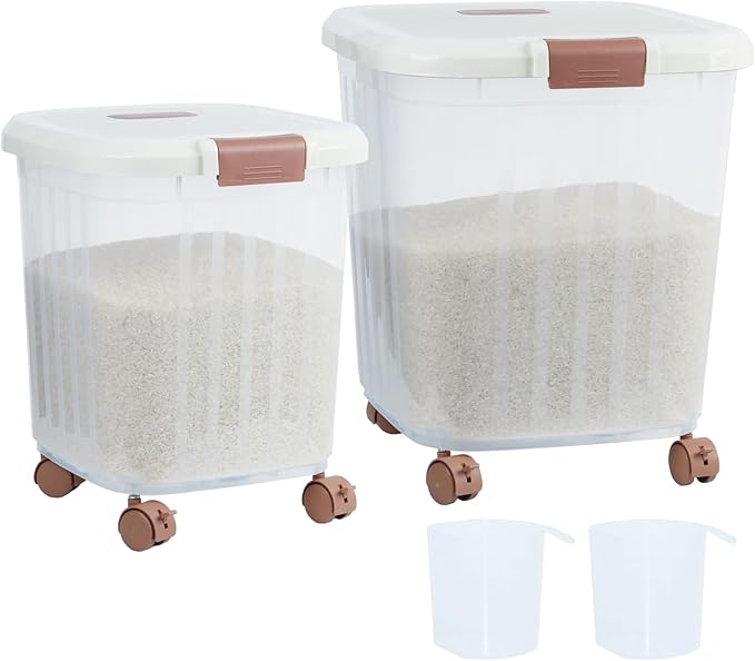 30 LB+50 LB Airtight Flour Rice Storage Container, Large Dry Food Storage Container Bin with Wheel, For Rice | Grain | Pet Food | Flour, 2 Count(Clear)