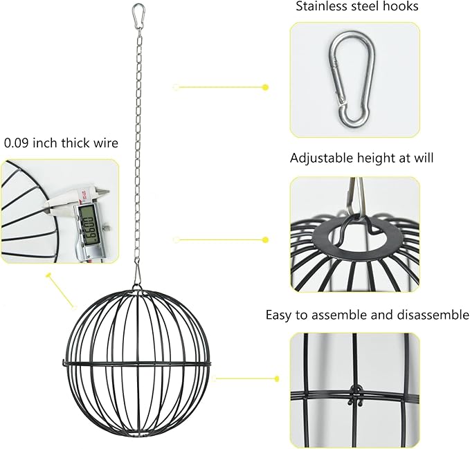 Hanging Chicken Feeder, 7.4 Inch Metal Large Chicken Ball Cage,Hen Food Rack, Chicken Feeding Supplies, Chick Coop Accessories.2pcs Black