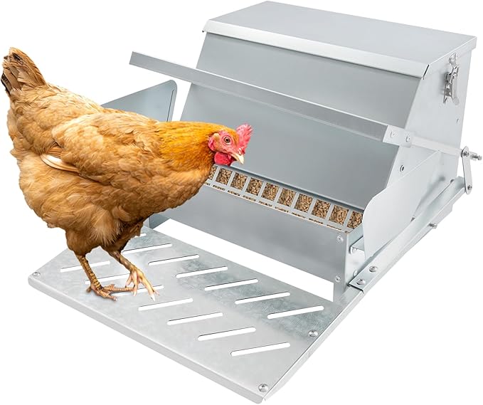 Galvanized Steel Automatic Chicken Feeder, 25LB Large Capacity Treadle Poultry Feeder, Rat Proof & Weatherproof Design for Hens, Ducks, Geese, Outdoor Feeding